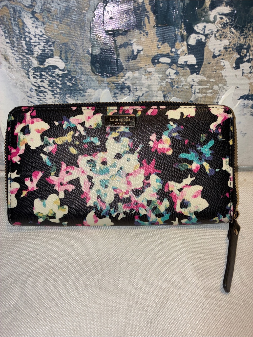Genuine Kate Spade Black Floral Zip-Around Wallet with Pink & Teal Accents